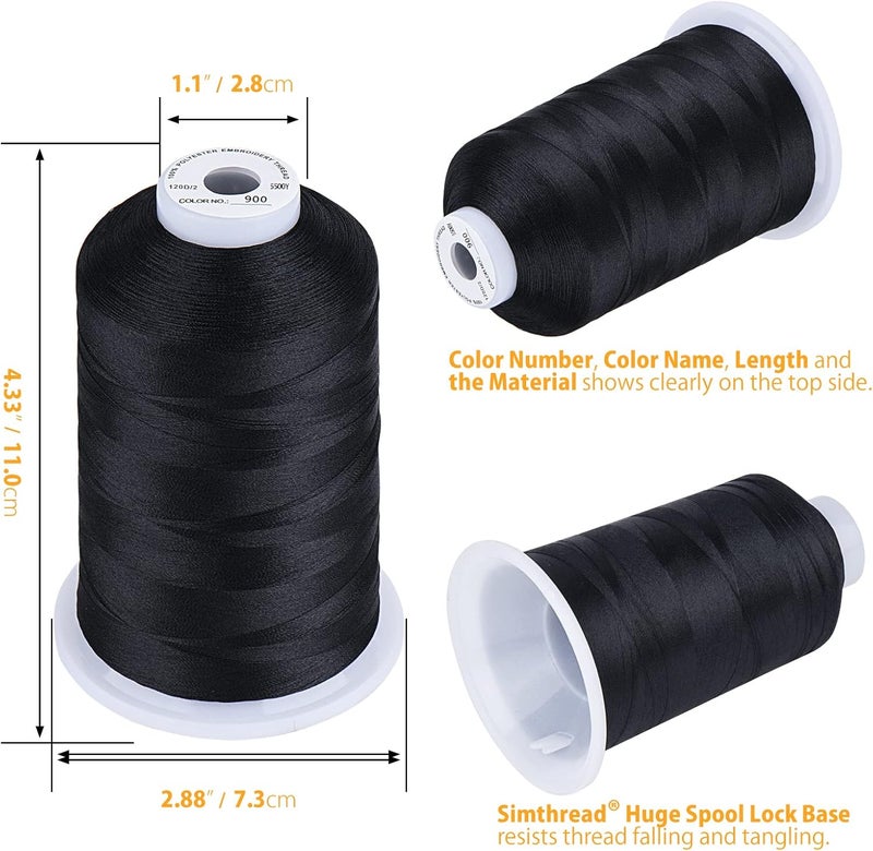 simthread Embroidery Thread 5500 Yards Black 900, 2 Huge Spools 40wt Polyester for Brother, Babylock, Janome, Singer, Pfaff, Husqvarna, Bernina Machine - Image 2